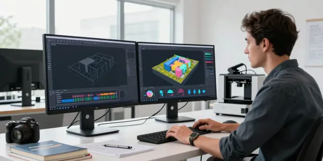 3D modelling workspace with designer creating detailed architectural plans and terrain models, showcasing modern design tools and a vibrant atmosphere.