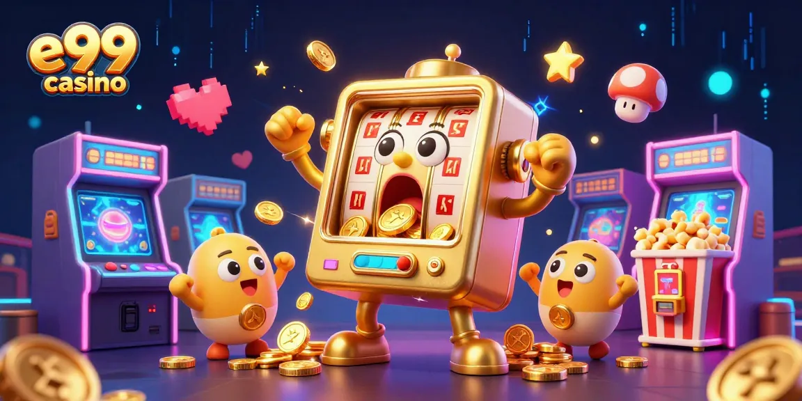 Experience e99 casino excitement with a cartoon slot machine jackpot scene filled with golden coins.