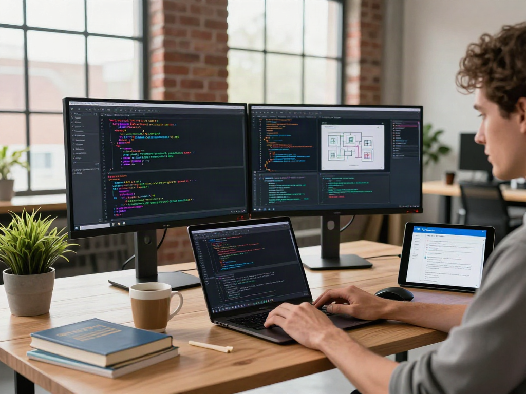 Software developer coding at a modern desk, showcasing bro138 productivity techniques in a bright workspace.