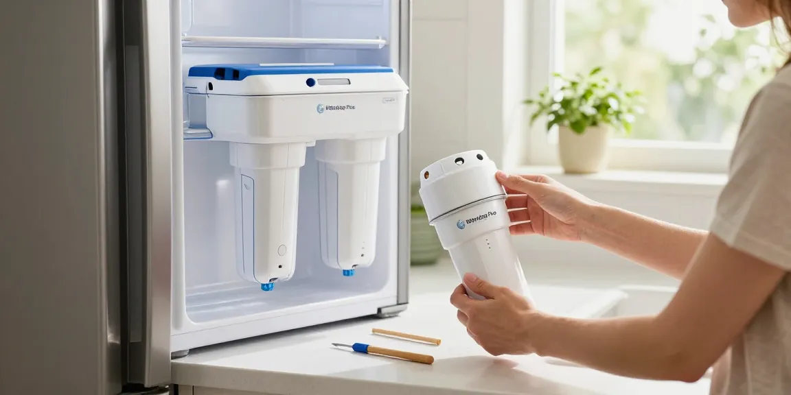Person installing Waterdrop Plus XWF Replacement for GE® XWF filter in a bright kitchen setting.