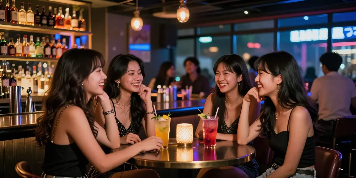밤의알바와 관련된 활기찬 도시 바 밤 풍경, 젊은 여성들이 즐거운 시간을 보내고 있는 모습