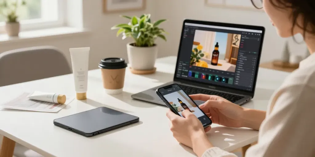 Creative individual using AI product photo generator to transform everyday items into professional-quality images.