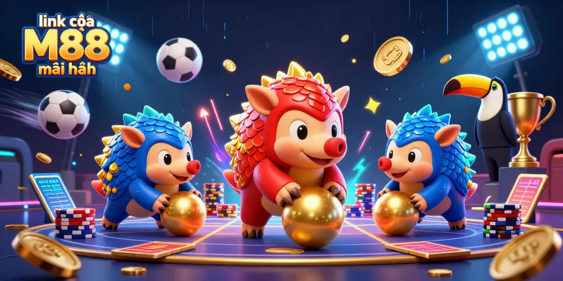 Khám phá link vào M88 mới nhất qua hình ảnh sôi động với các nhân vật cạnh tranh trong casino.