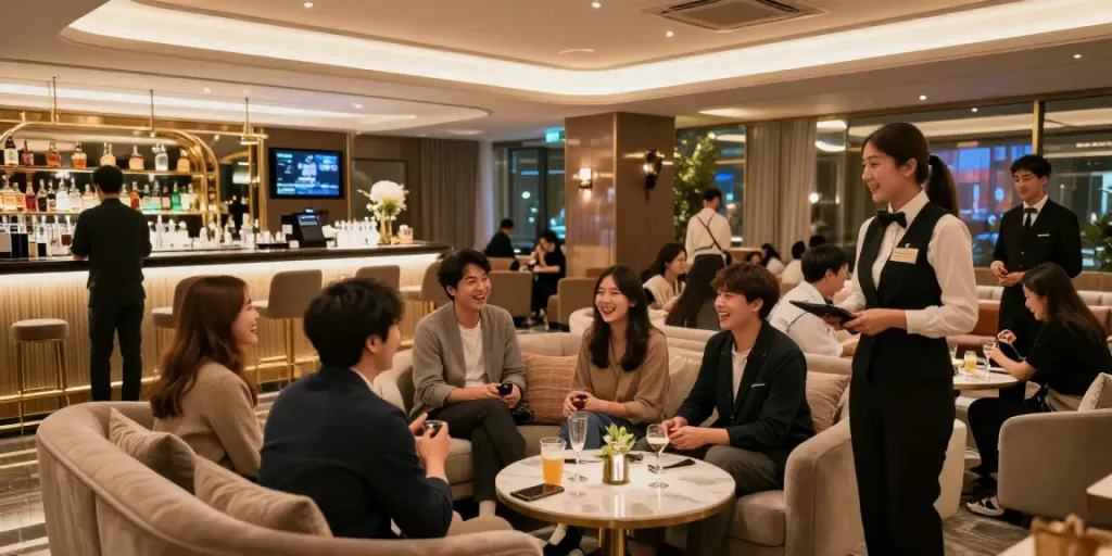 강남 타이밍의 고급스러운 실내와 환대하는 모습