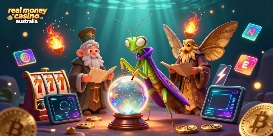 Explore real money casino Australia with a mystical scene featuring a praying mantis fortune teller, moth librarian, and gambling elements.