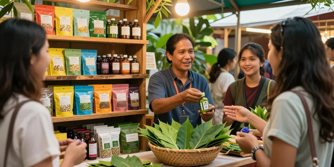 Kratom vendor engaging with customers in vibrant herbal marketplace.