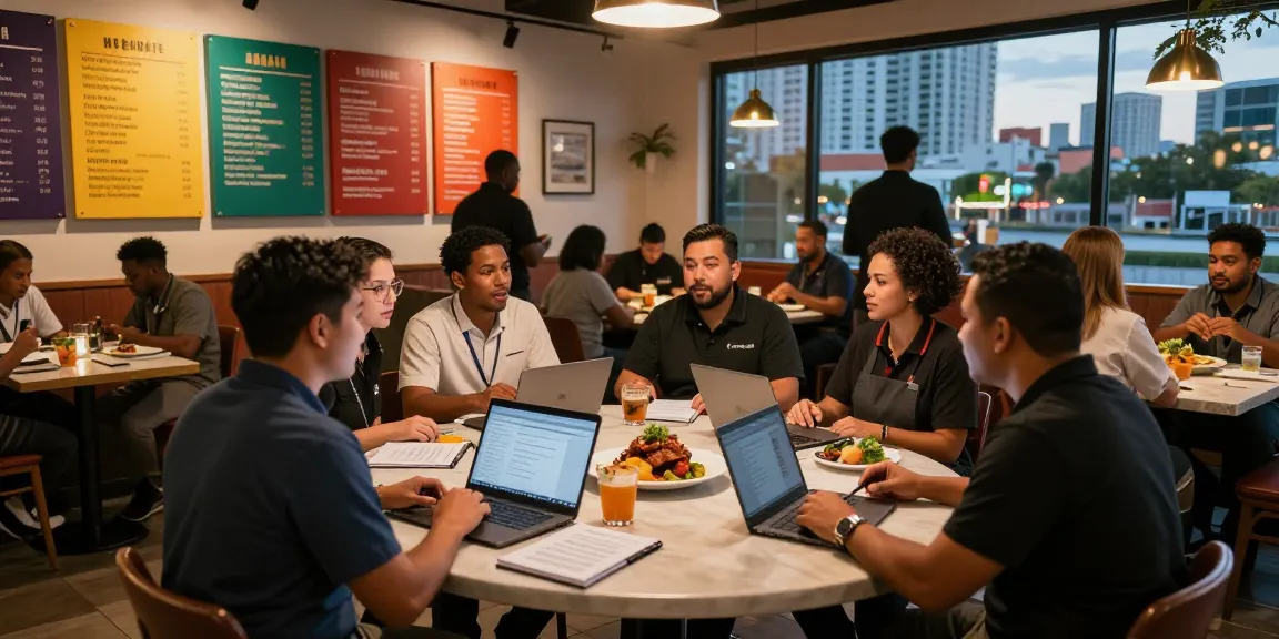 Tampa restaurant leadership FAQs discussing strategies at a vibrant eatery with staff and dishes.
