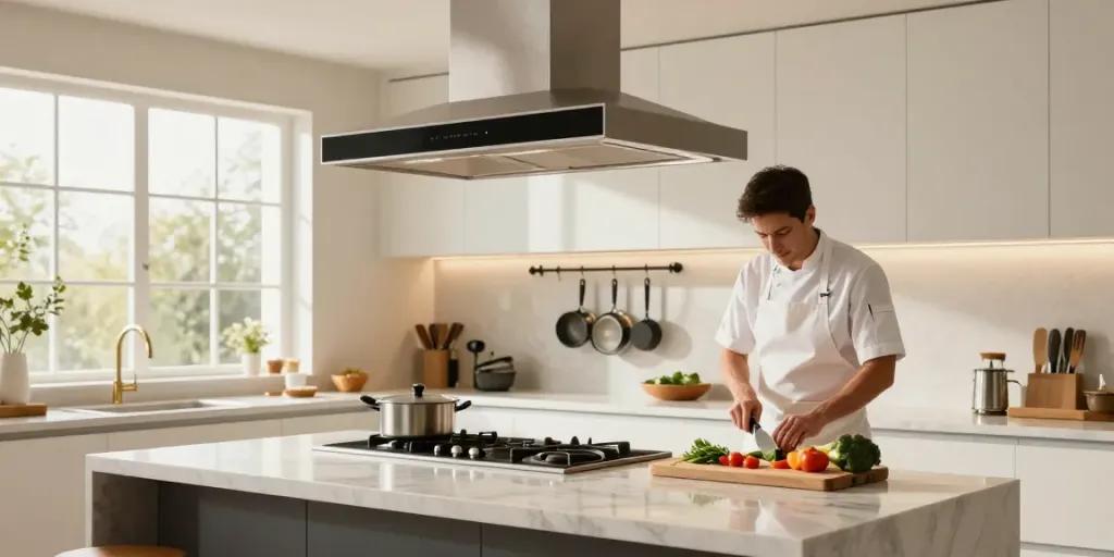 Modern kitchen with Island Cooker Extractor Hood over cooking area and fresh ingredients.