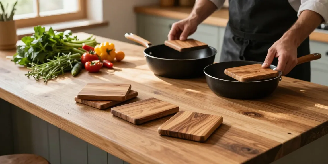 Schöne Topfuntersetzer aus Holz in einer rustikalen Küche, die heiße Töpfe elegant halten.