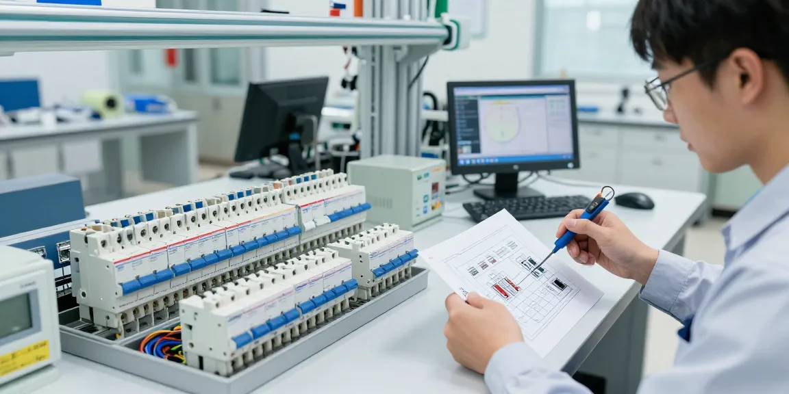 Technician analyzing a miniature circuit breaker in a modern electrical lab, showcasing safety and precision.