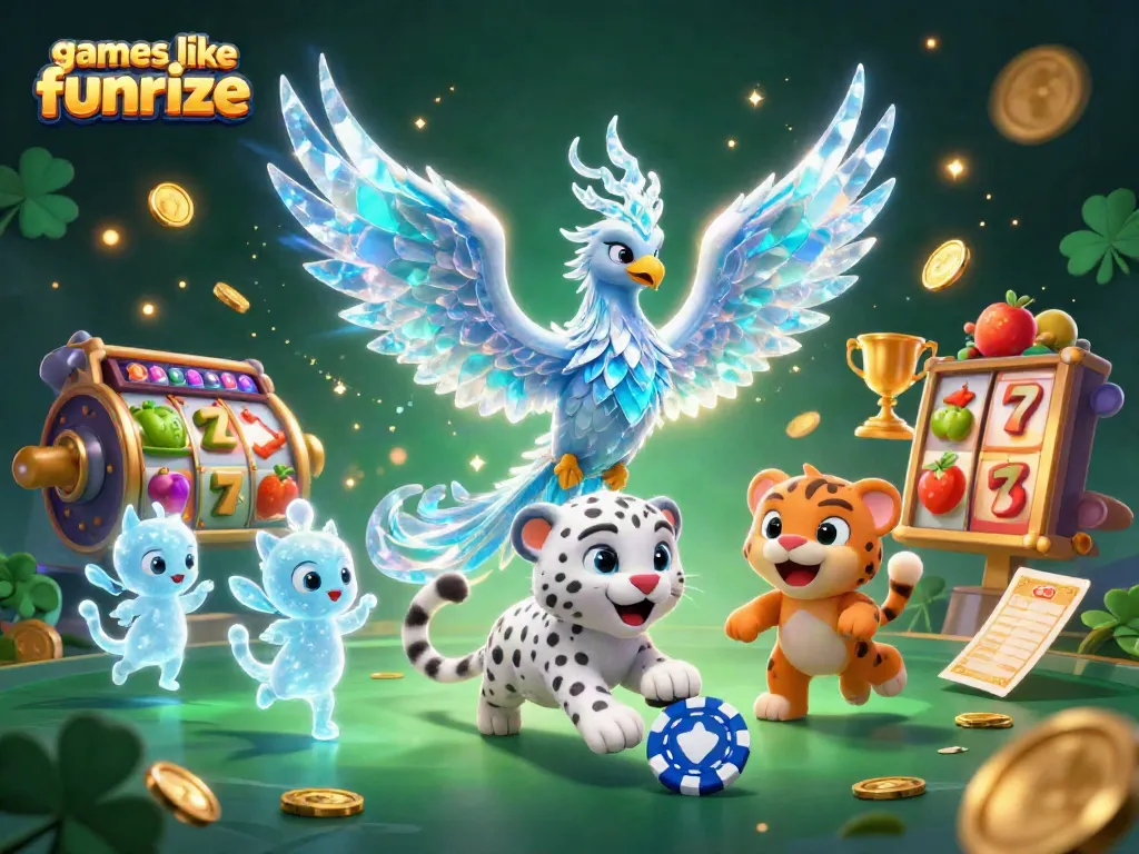 Experience thrilling games like funrize with an enchanting scene filled with ice phoenix, playful cub, and mesmerizing game elements.