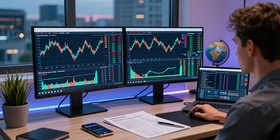 Dynamic trader using mt5 on dual screens with market analysis tools in a modern office.
