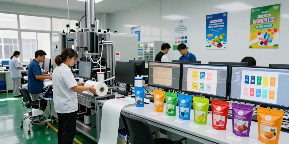 Stand up pouch production with modern machinery and colorful samples in a high-tech facility.