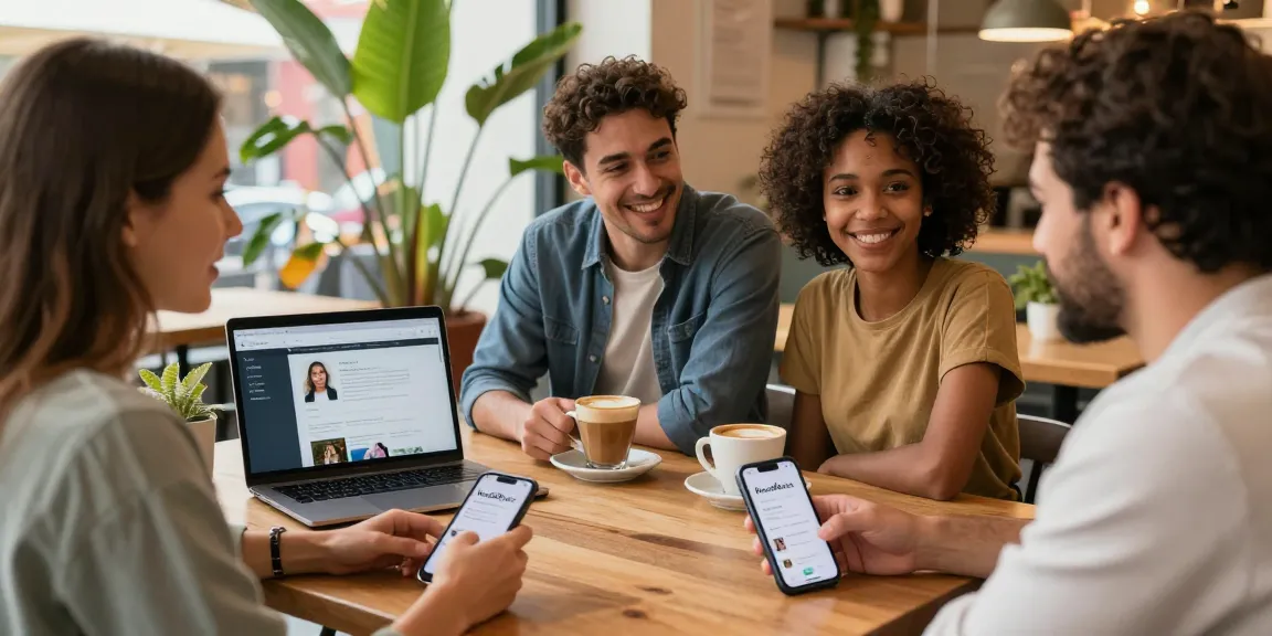Singles connecting over coffee using the HundRoses app in a cozy café.