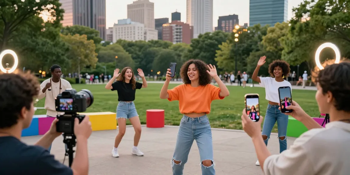 Dynamic TikTok creators showcasing how much do content creators make on tiktok in vibrant urban park, capturing creativity and engagement.