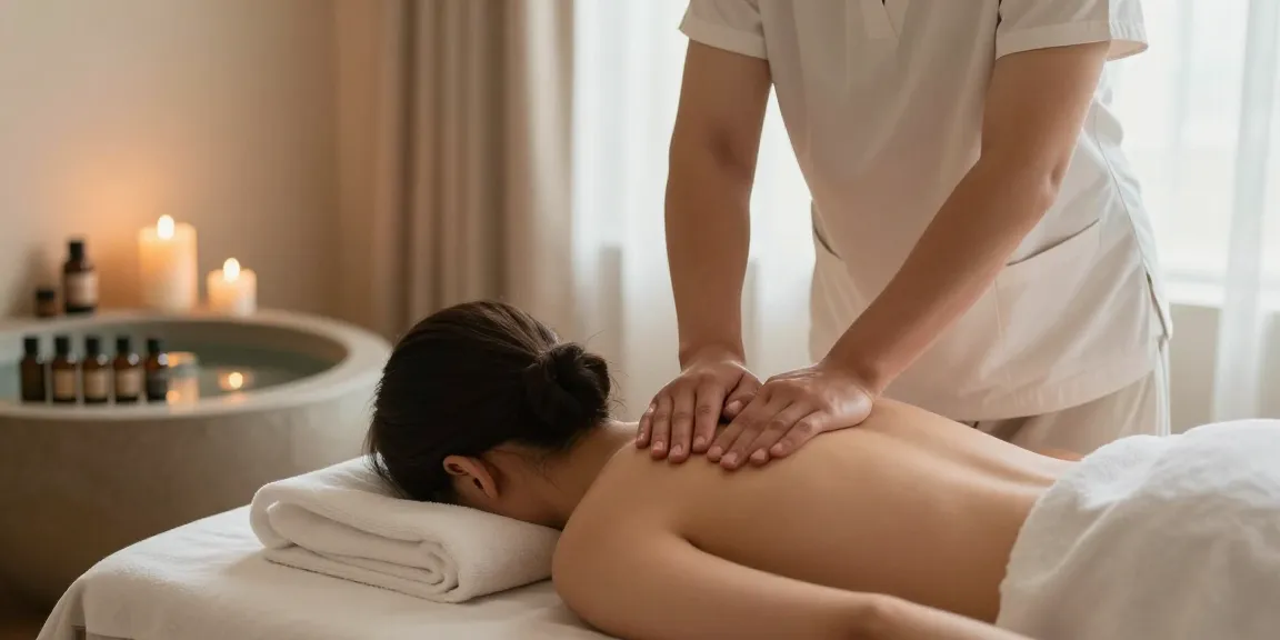 마사지 테라피를 받는 모습, 아늑한 스파 환경에서 편안한 분위기 연출
