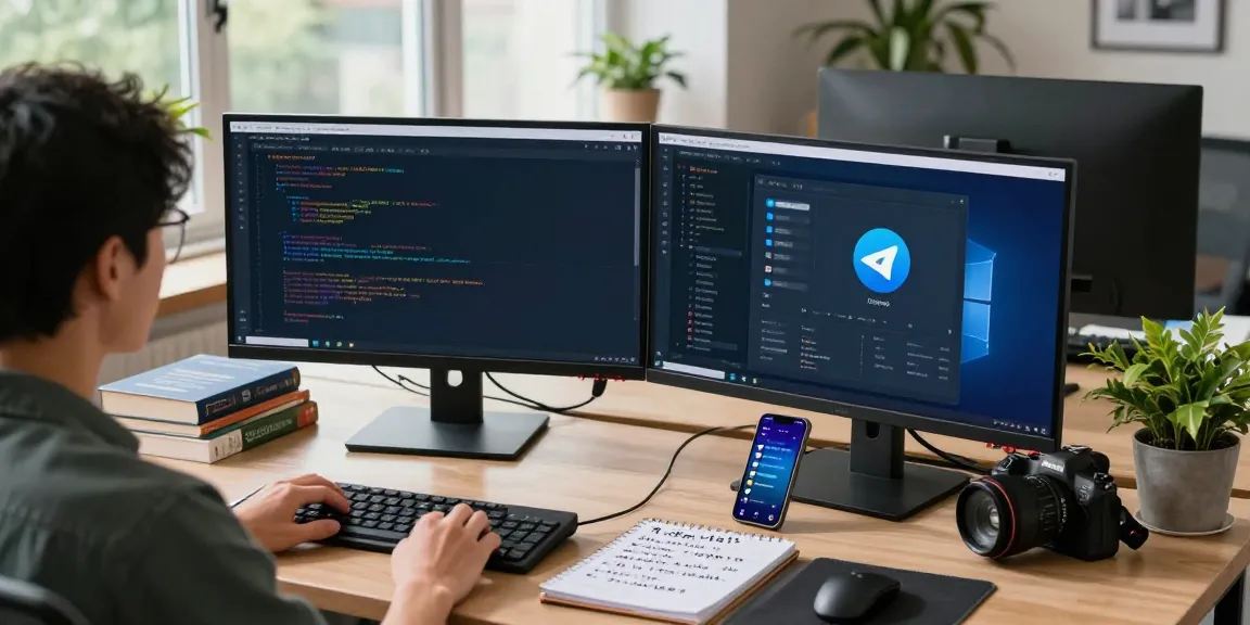 Engaging workspace setup showing Telegram Chinese interface on screens, showcasing tech productivity.