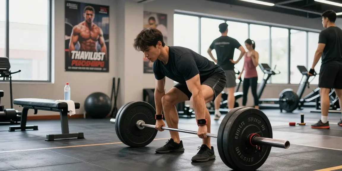Focused athlete performing deadlifts at Driada Shop gym, showcasing high-quality fitness equipment.