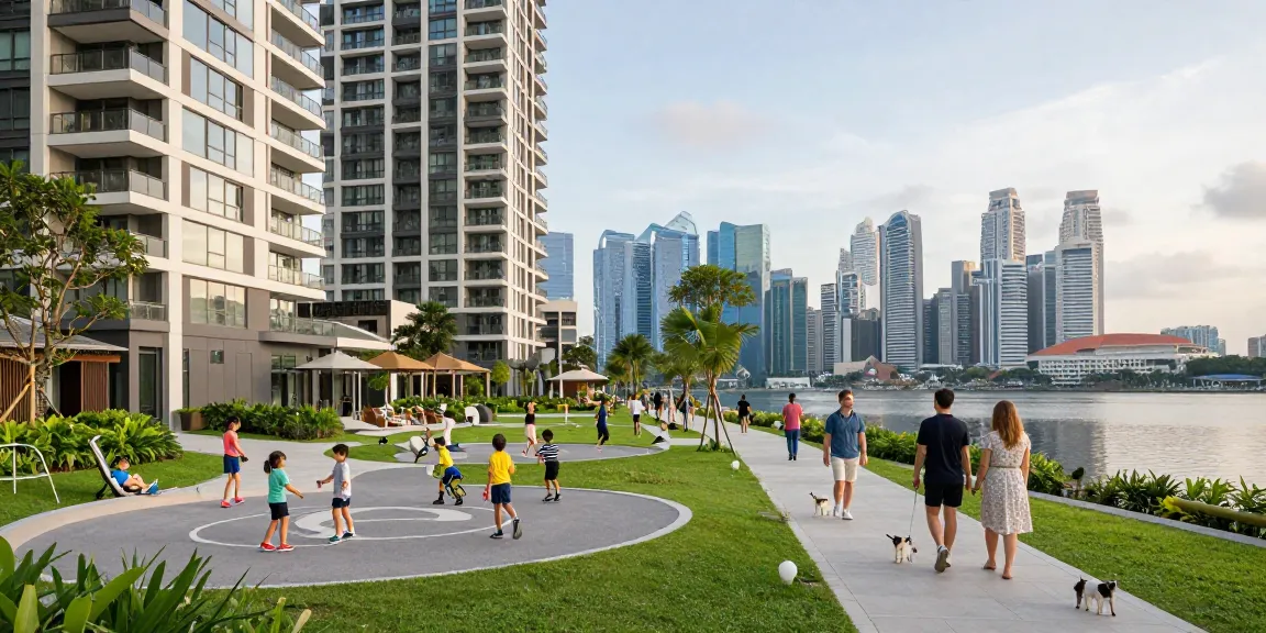 Tanjong Rhu Residences showcasing vibrant community life with families and children in outdoor spaces.