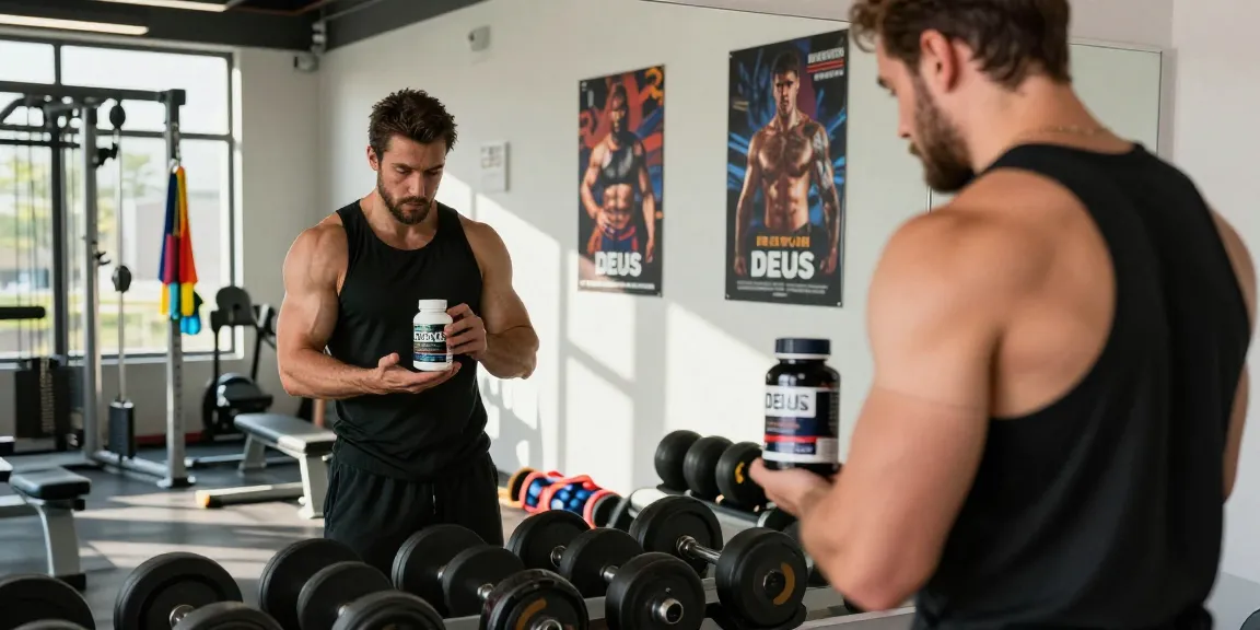 Deus Medical Steroide in einem Fitnessstudio mit motiviertem Athleten und Trainingsgeräten