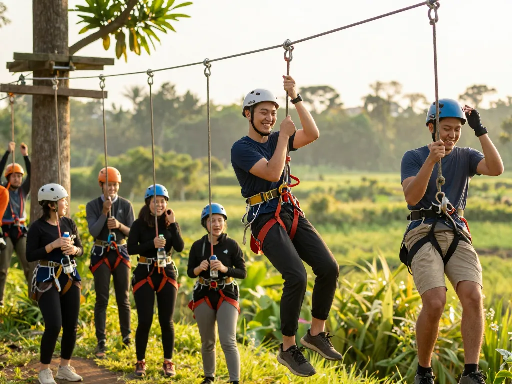 Se kelompok peserta menikmati aktivitas outbound jogja di lokasi yang indah, memperlihatkan semangat tim.
