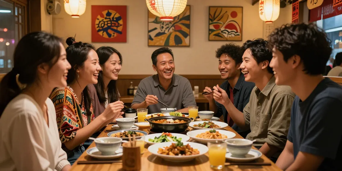 Diverse friends savoring Asian cuisine and sharing stories at https://hanadultalk.com, showcasing cultural exchange in a cozy restaurant.
