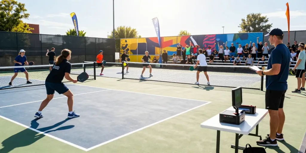 Players engaged in lively pickleball paddle testing match outdoors under bright sun.