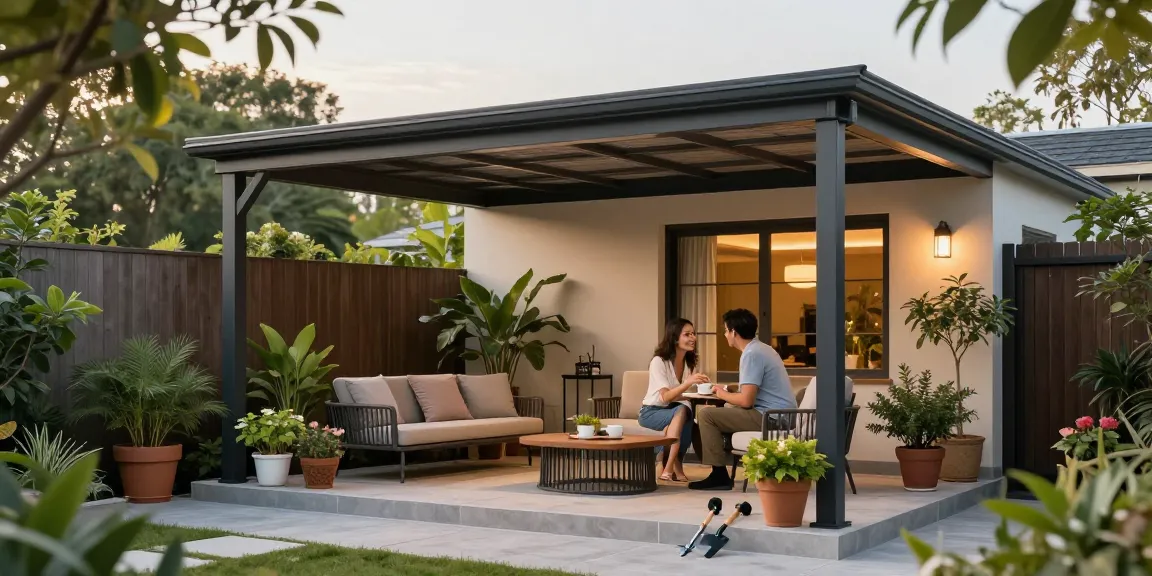 Gemütliche Terrasse mit freistehender Terrassenüberdachung, umgeben von Pflanzen und modernen Möbeln.