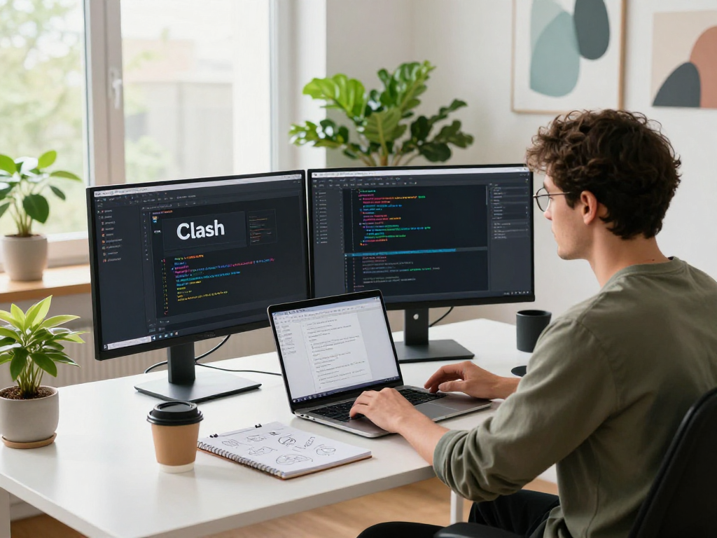 在clash官网上，开发者在现代工作区中配置Clash应用，显示代码与YAML文件。