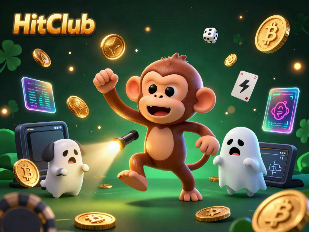 HitClub showcases a playful monkey juggling coins in a haunted casino, creating a vibrant gambling atmosphere.