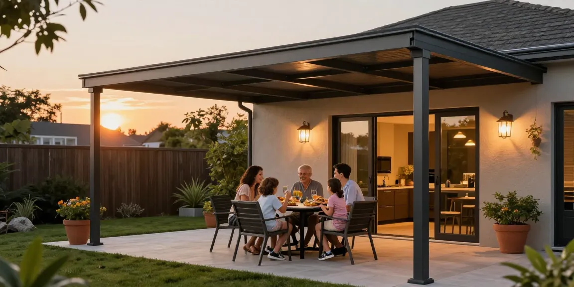 Moderne Terrassenüberdachung mit Familie beim Essen im Garten.