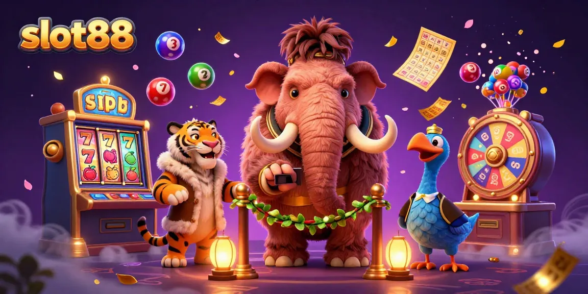 Slot88 menampilkan mammoth kasir yang memeriksa ID dengan tiket emas dan bola lotere berwarna-warni, menarik perhatian pemain.