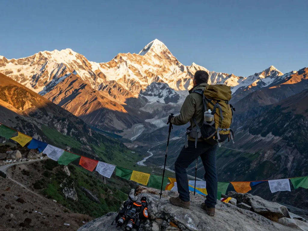 Traveler at the Everest Base Camp Trek, enjoying stunning mountain views during sunset.