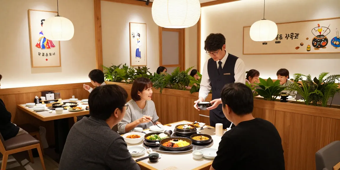 Family enjoying authentic Korean dishes at 상봉동 한국관 in a cozy restaurant setting