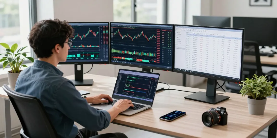 Trader using MetaTrader 5 platform on multiple monitors in a modern workspace.