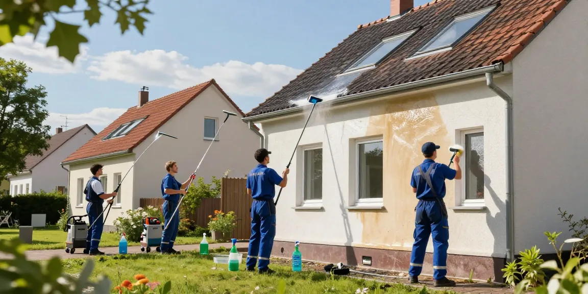 Professionelle Reinigung Dassel: Team reinigt Fassade und Dach umweltfreundlich.