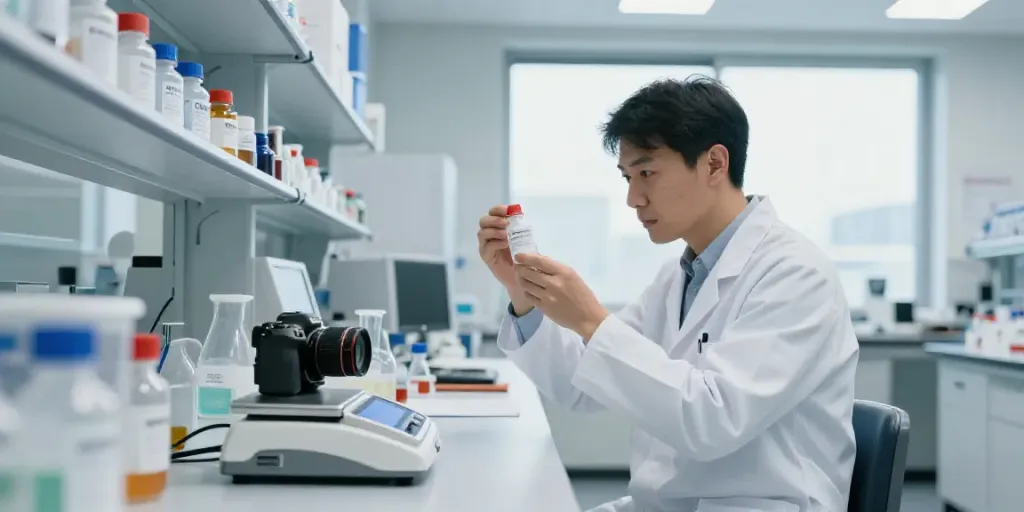 Scientist researching SwissChems peptides in a modern lab.