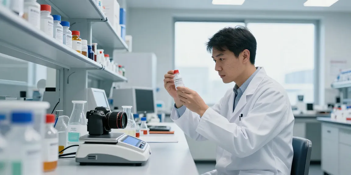 Scientist researching SwissChems peptides in a modern lab.