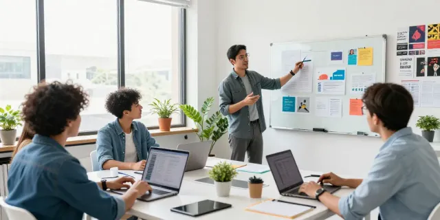 Team brainstorming around a table using an AI social media content generator with digital tools in a vibrant marketing office.