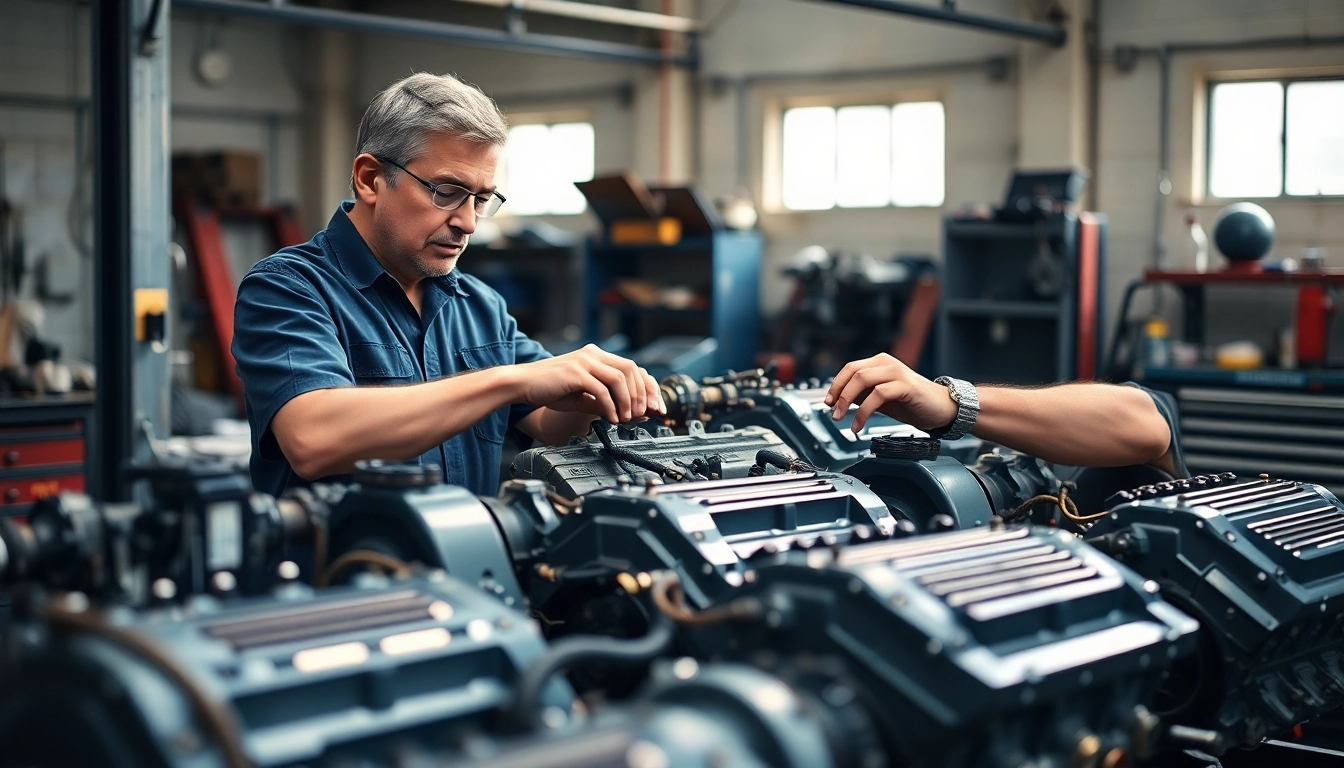 Inspecting used engines with precision in a professional garage.