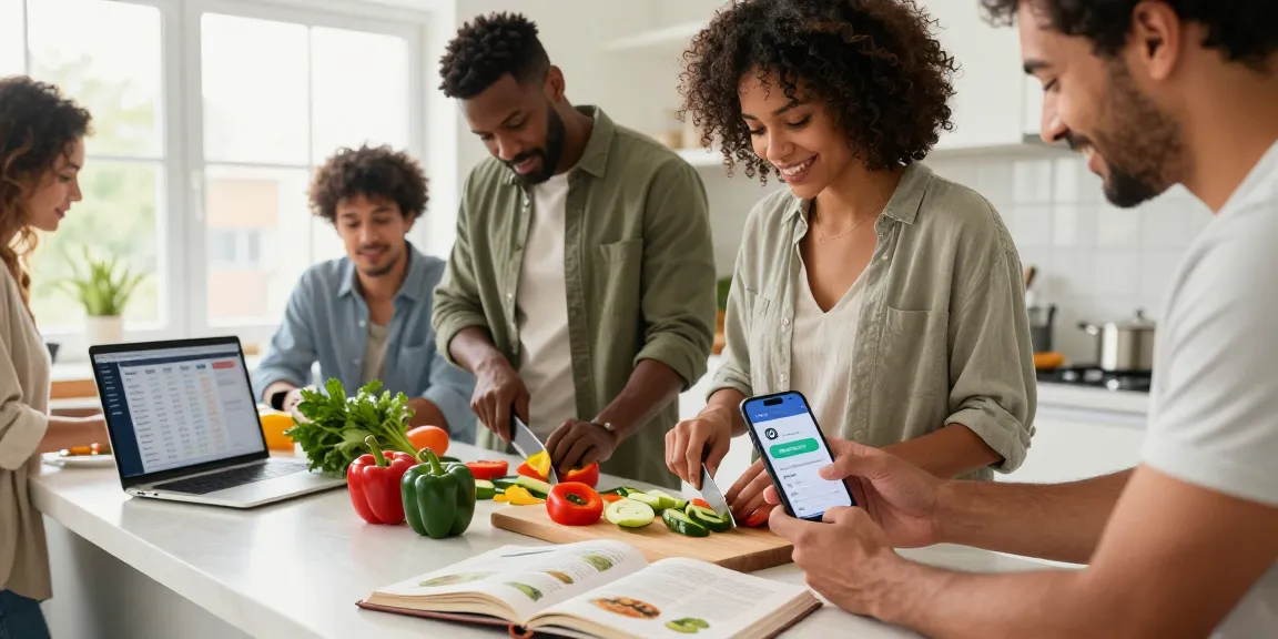 Group of friends using the best food tracker in a bright kitchen while preparing a healthy meal together.