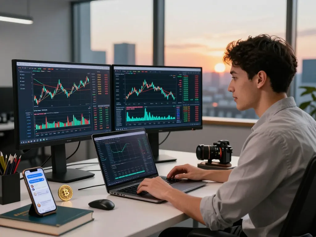 Professional analyzing automated crypto income trends with dual monitors in modern office.