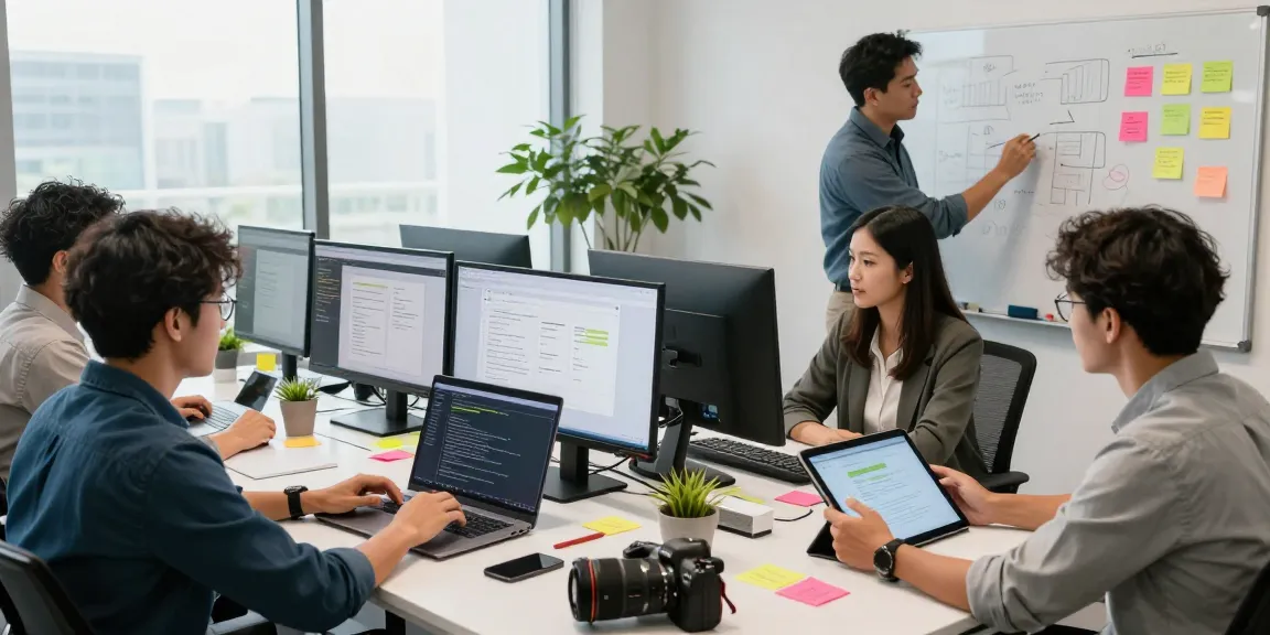 Team collaboration in a web development Malaysia office, showcasing designers and developers crafting innovative solutions.