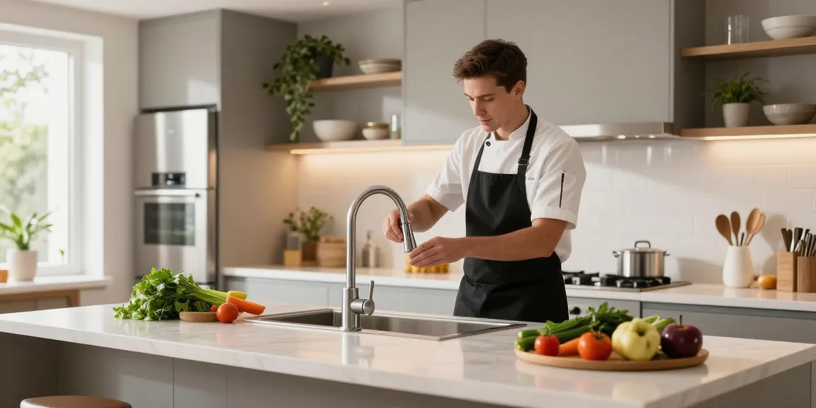 Modern kitchen faucets installation by a home cook with fresh ingredients.