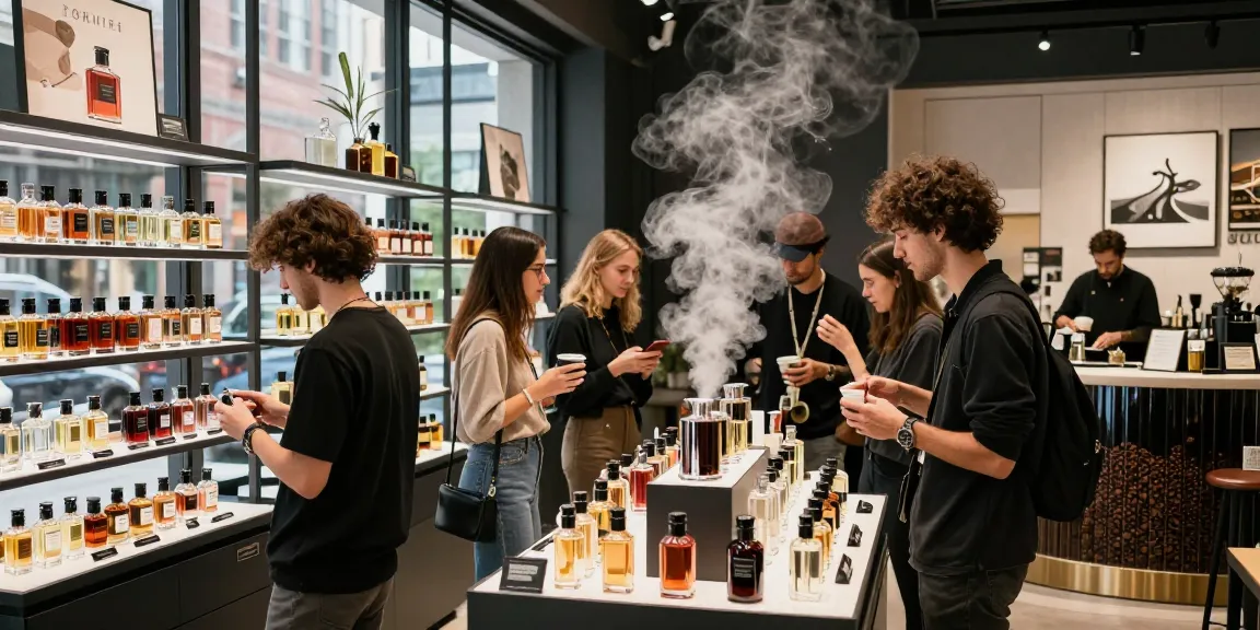 Explore Unisex Perfumes in a vibrant urban boutique with diverse shoppers.