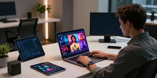 Creating AI porn fast with a tech-savvy individual at a modern workstation generating adult content.