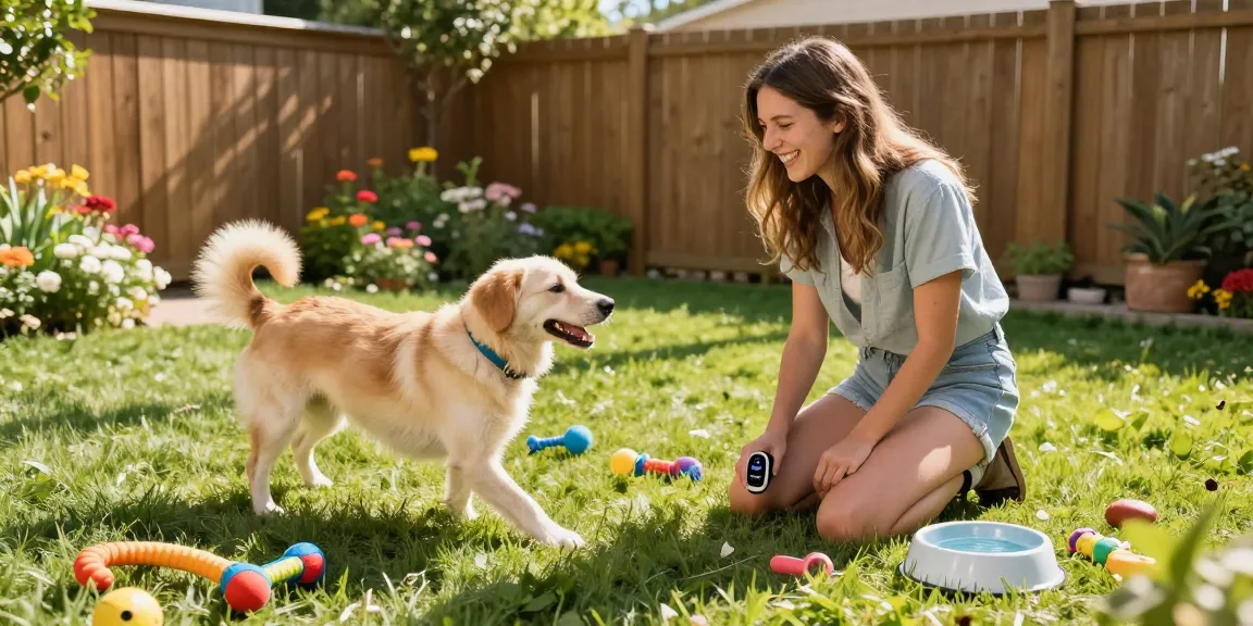 Engaging with a dog using NAGA2000 smart tracker in a vibrant backyard.