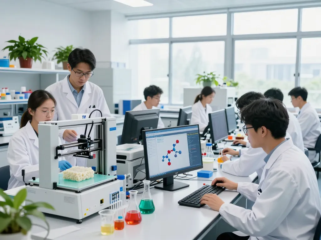 Bluepha's innovative biopolymer development in a modern lab showcases a diverse team creating sustainable materials.