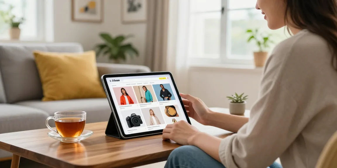 Browsing newbet4d trendy fashion items on a tablet in a cozy home.