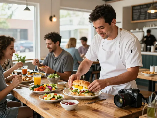 Best brunch Austin featuring NYC-inspired breakfast sandwiches in a lively café.